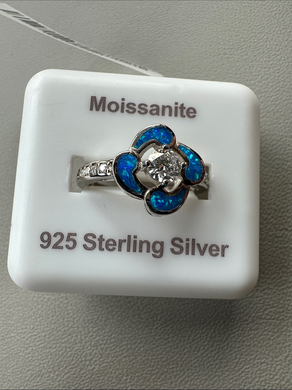 925 Sterling Silver Moissanite .55ct Ring Blue created Opal and rhodium plating